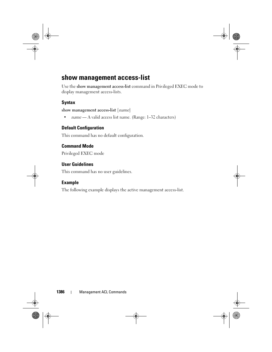 Show management access-list, Syntax, Default configuration | Command mode, User guidelines, Example | Dell POWEREDGE M1000E User Manual | Page 1390 / 1682