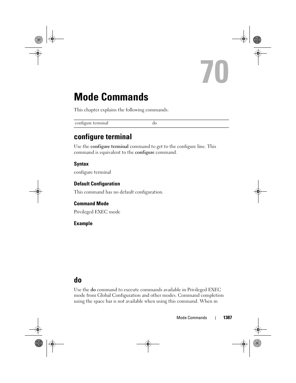 Mode commands, Configure terminal, Syntax | Default configuration, Command mode, Example | Dell POWEREDGE M1000E User Manual | Page 1391 / 1682