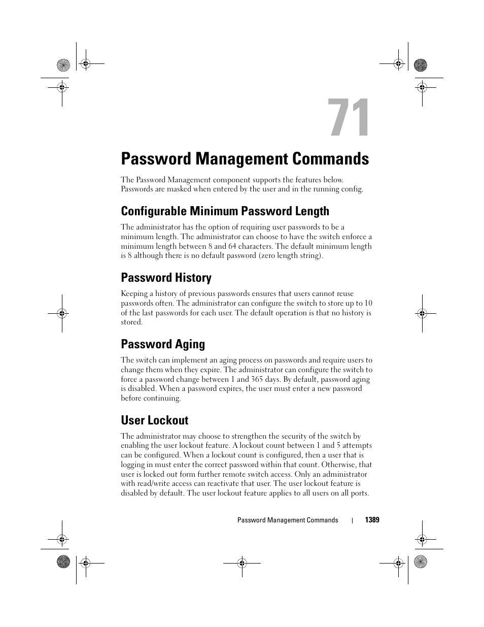 Password management commands, Configurable minimum password length, Password history | Password aging, User lockout, Password management, Commands, Password, Management | Dell POWEREDGE M1000E User Manual | Page 1393 / 1682