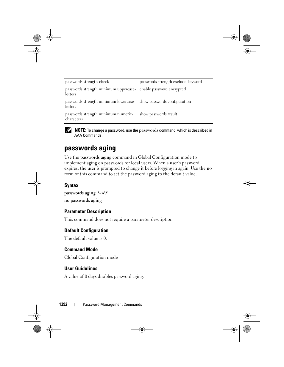 Passwords aging, Syntax, Parameter description | Default configuration, Command mode, User guidelines | Dell POWEREDGE M1000E User Manual | Page 1396 / 1682