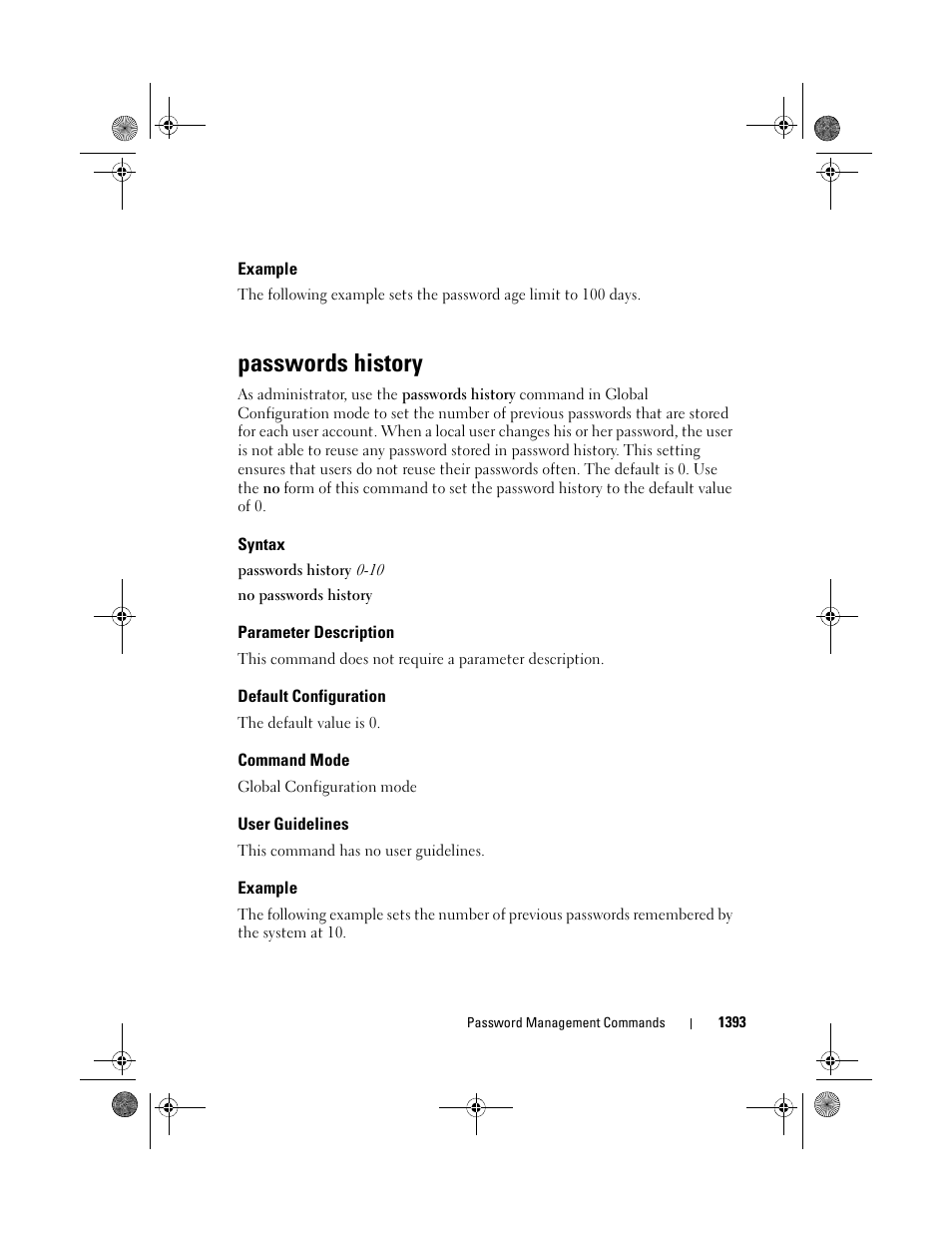 Example, Passwords history, Syntax | Parameter description, Default configuration, Command mode, User guidelines | Dell POWEREDGE M1000E User Manual | Page 1397 / 1682