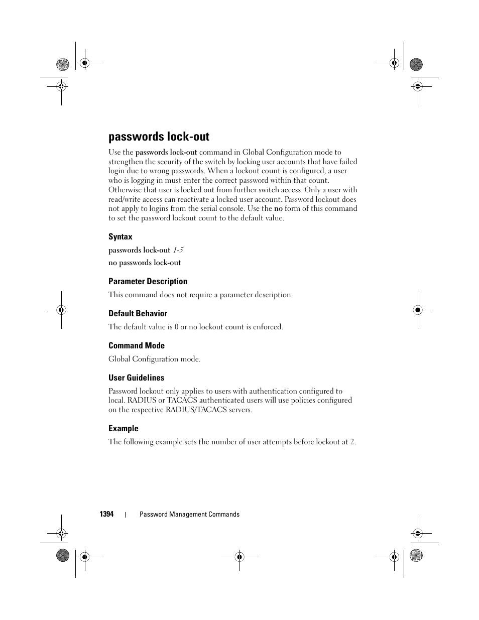 Passwords lock-out, Syntax, Parameter description | Default behavior, Command mode, User guidelines, Example | Dell POWEREDGE M1000E User Manual | Page 1398 / 1682