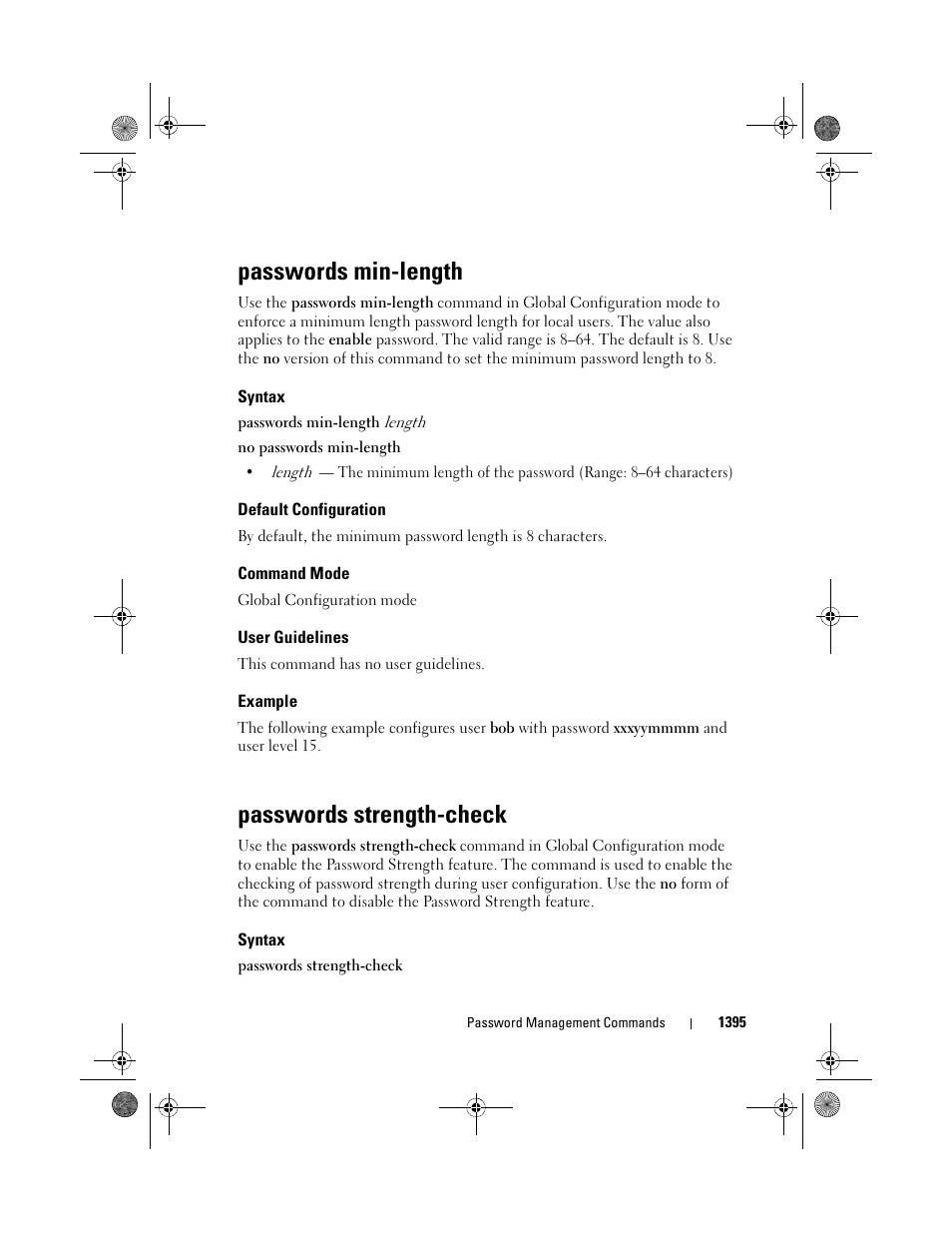 Passwords min-length, Syntax, Default configuration | Command mode, User guidelines, Example, Passwords strength-check | Dell POWEREDGE M1000E User Manual | Page 1399 / 1682