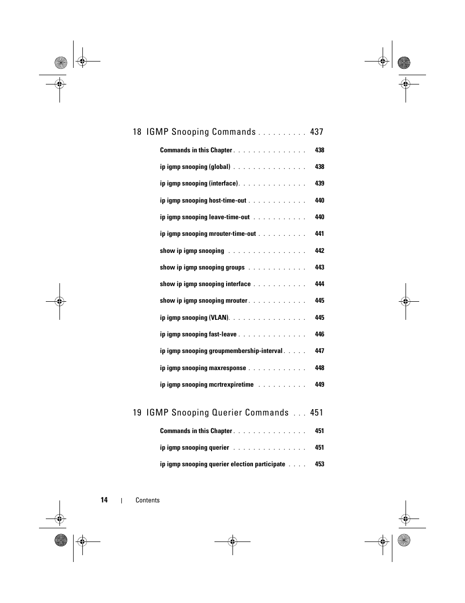 18 igmp snooping commands, 19 igmp snooping querier commands | Dell POWEREDGE M1000E User Manual | Page 14 / 1682