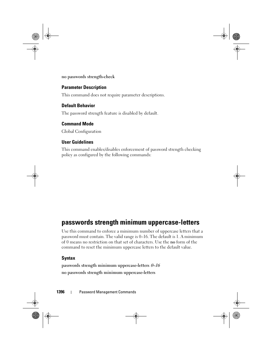 Parameter description, Default behavior, Command mode | User guidelines, Passwords strength minimum uppercase-letters, Syntax, Passwords strength minimum uppercase, Letters | Dell POWEREDGE M1000E User Manual | Page 1400 / 1682