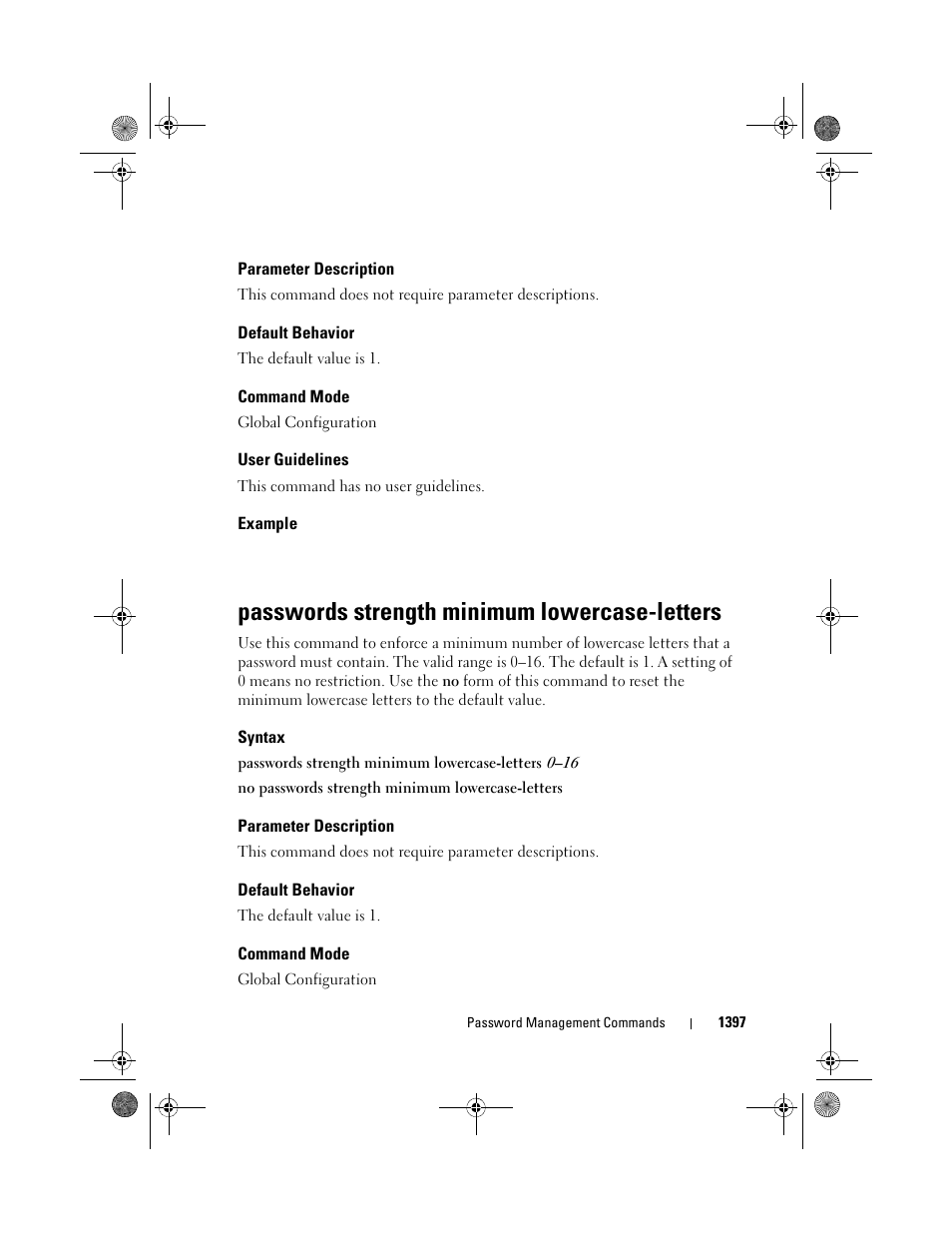 Parameter description, Default behavior, Command mode | User guidelines, Example, Passwords strength minimum lowercase-letters, Syntax, Passwords strength minimum lowercase, Letters | Dell POWEREDGE M1000E User Manual | Page 1401 / 1682