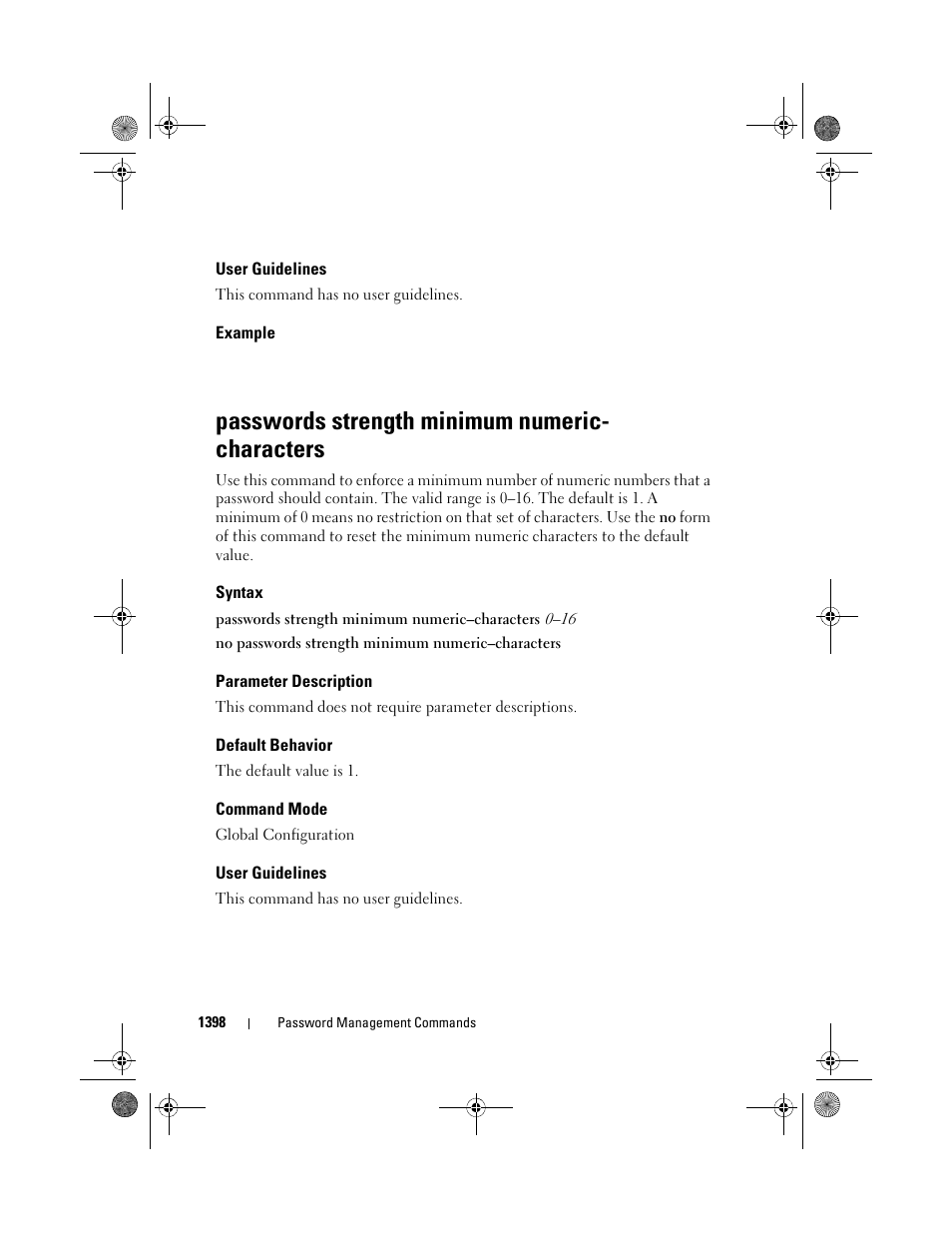 User guidelines, Example, Passwords strength minimum numeric- characters | Syntax, Parameter description, Default behavior, Command mode, Passwords strength minimum, Passwords strength minimum numeric, Characters | Dell POWEREDGE M1000E User Manual | Page 1402 / 1682