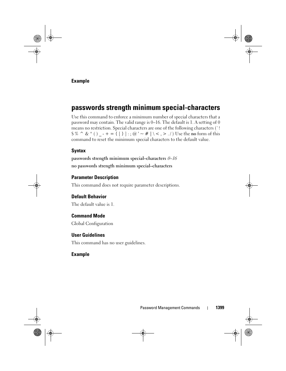 Example, Passwords strength minimum special-characters, Syntax | Parameter description, Default behavior, Command mode, User guidelines, Passwords strength minimum, Passwords strength minimum special, Characters | Dell POWEREDGE M1000E User Manual | Page 1403 / 1682