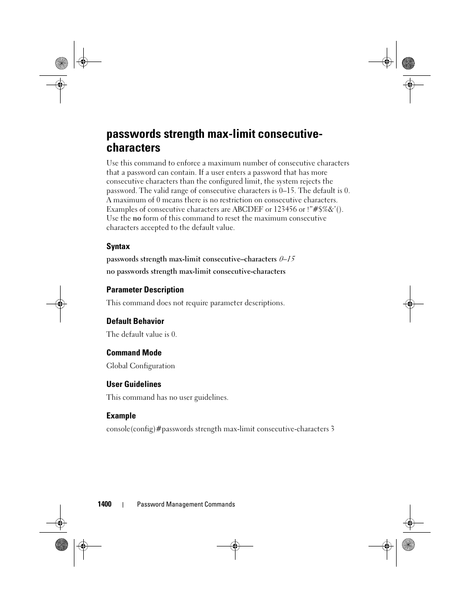 Syntax, Parameter description, Default behavior | Command mode, User guidelines, Example, Passwords strength max-limit, Consecutive-characters | Dell POWEREDGE M1000E User Manual | Page 1404 / 1682