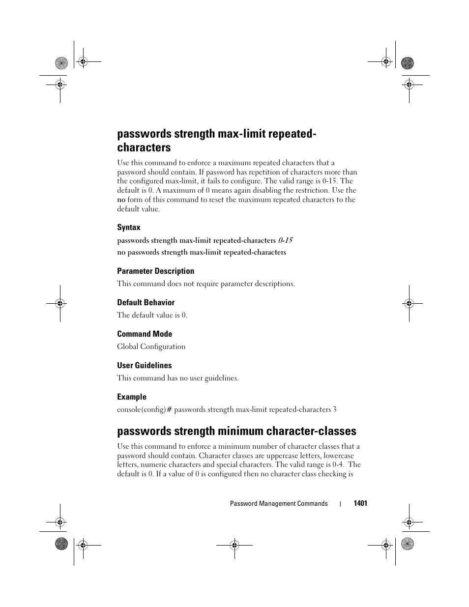 Passwords strength max-limit repeated- characters, Syntax, Parameter description | Default behavior, Command mode, User guidelines, Example, Passwords strength minimum character-classes, Passwords strength max-limit, Passwords strength minimum | Dell POWEREDGE M1000E User Manual | Page 1405 / 1682