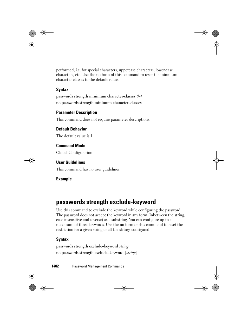 Syntax, Parameter description, Default behavior | Command mode, User guidelines, Example, Passwords strength exclude-keyword | Dell POWEREDGE M1000E User Manual | Page 1406 / 1682