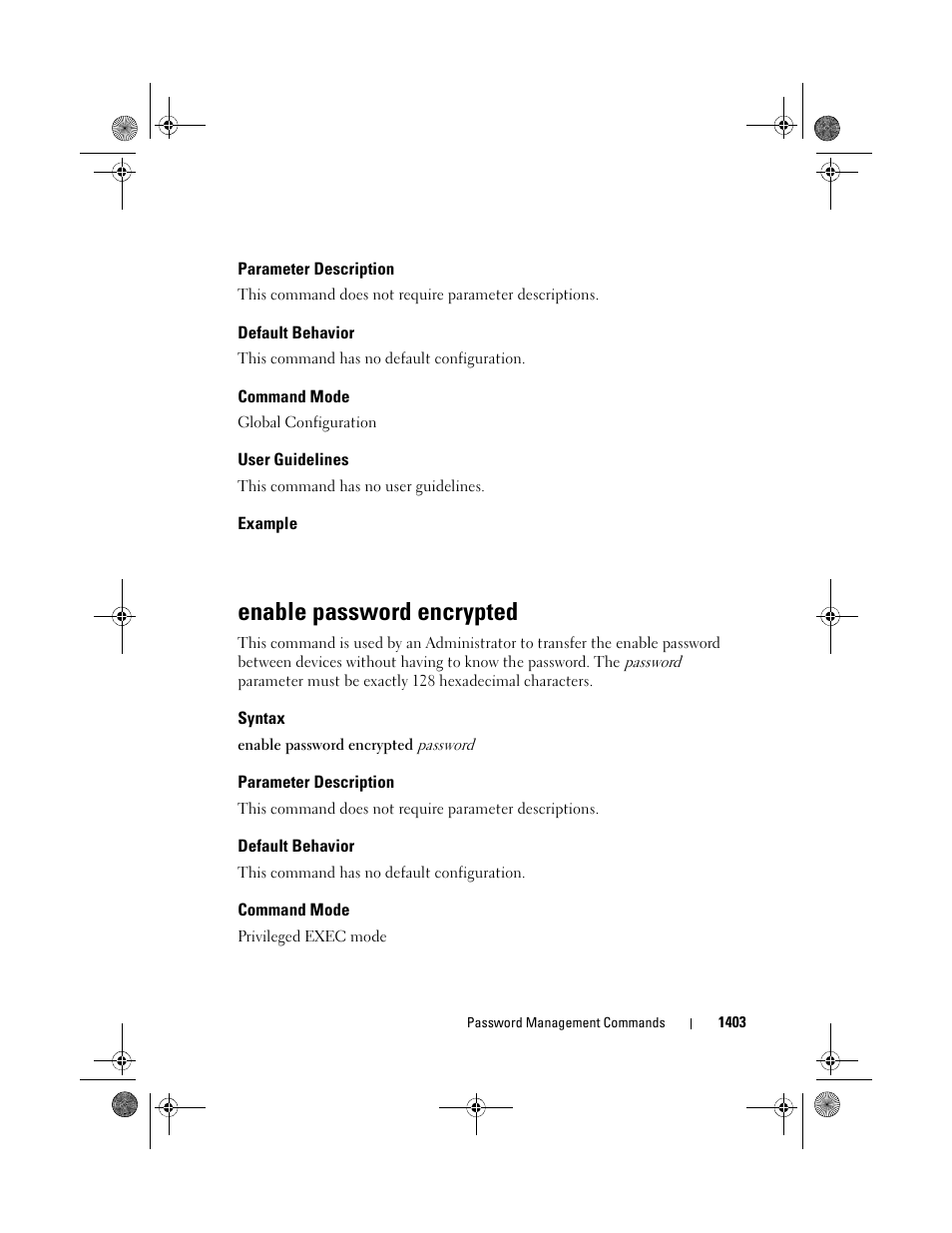 Parameter description, Default behavior, Command mode | User guidelines, Example, Enable password encrypted, Syntax | Dell POWEREDGE M1000E User Manual | Page 1407 / 1682