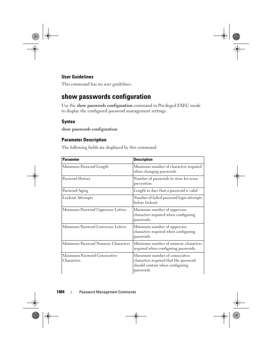 User guidelines, Show passwords configuration, Syntax | Parameter description | Dell POWEREDGE M1000E User Manual | Page 1408 / 1682