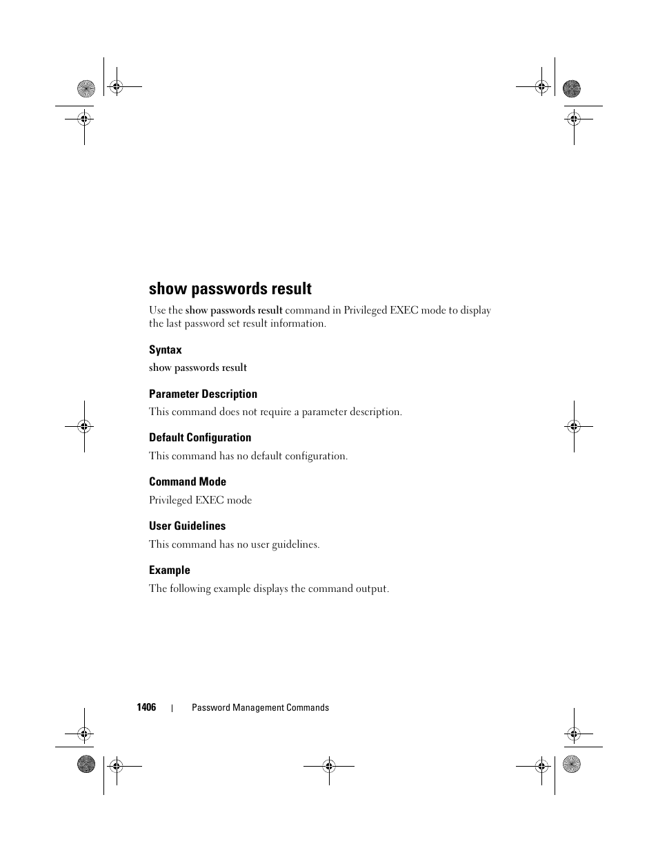 Show passwords result, Syntax, Parameter description | Default configuration, Command mode, User guidelines, Example | Dell POWEREDGE M1000E User Manual | Page 1410 / 1682