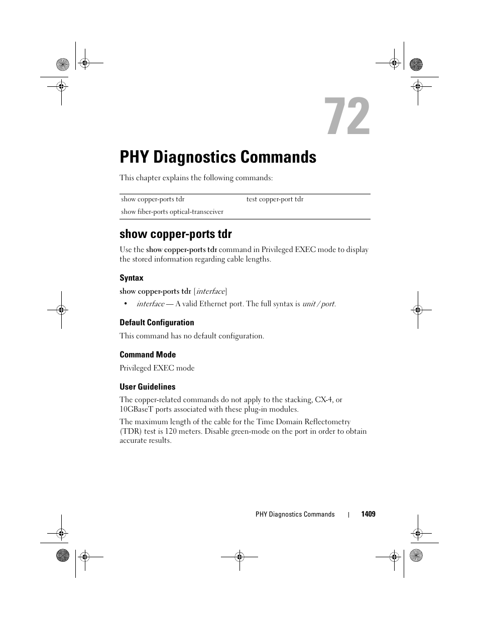 Phy diagnostics commands, Show copper-ports tdr, Syntax | Default configuration, Command mode, User guidelines, Phy diagnostics, Commands | Dell POWEREDGE M1000E User Manual | Page 1413 / 1682