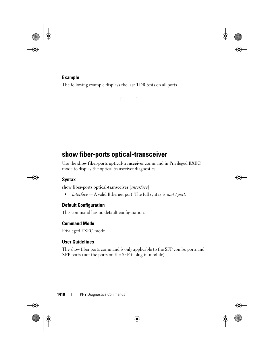 Example, Show fiber-ports optical-transceiver, Syntax | Default configuration, Command mode, User guidelines | Dell POWEREDGE M1000E User Manual | Page 1414 / 1682