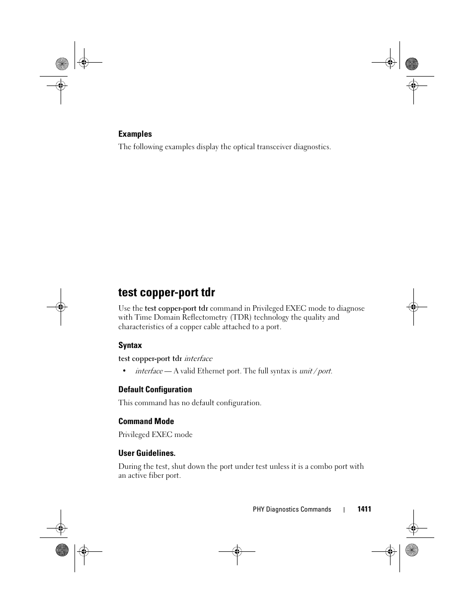 Examples, Test copper-port tdr, Syntax | Default configuration, Command mode, User guidelines | Dell POWEREDGE M1000E User Manual | Page 1415 / 1682