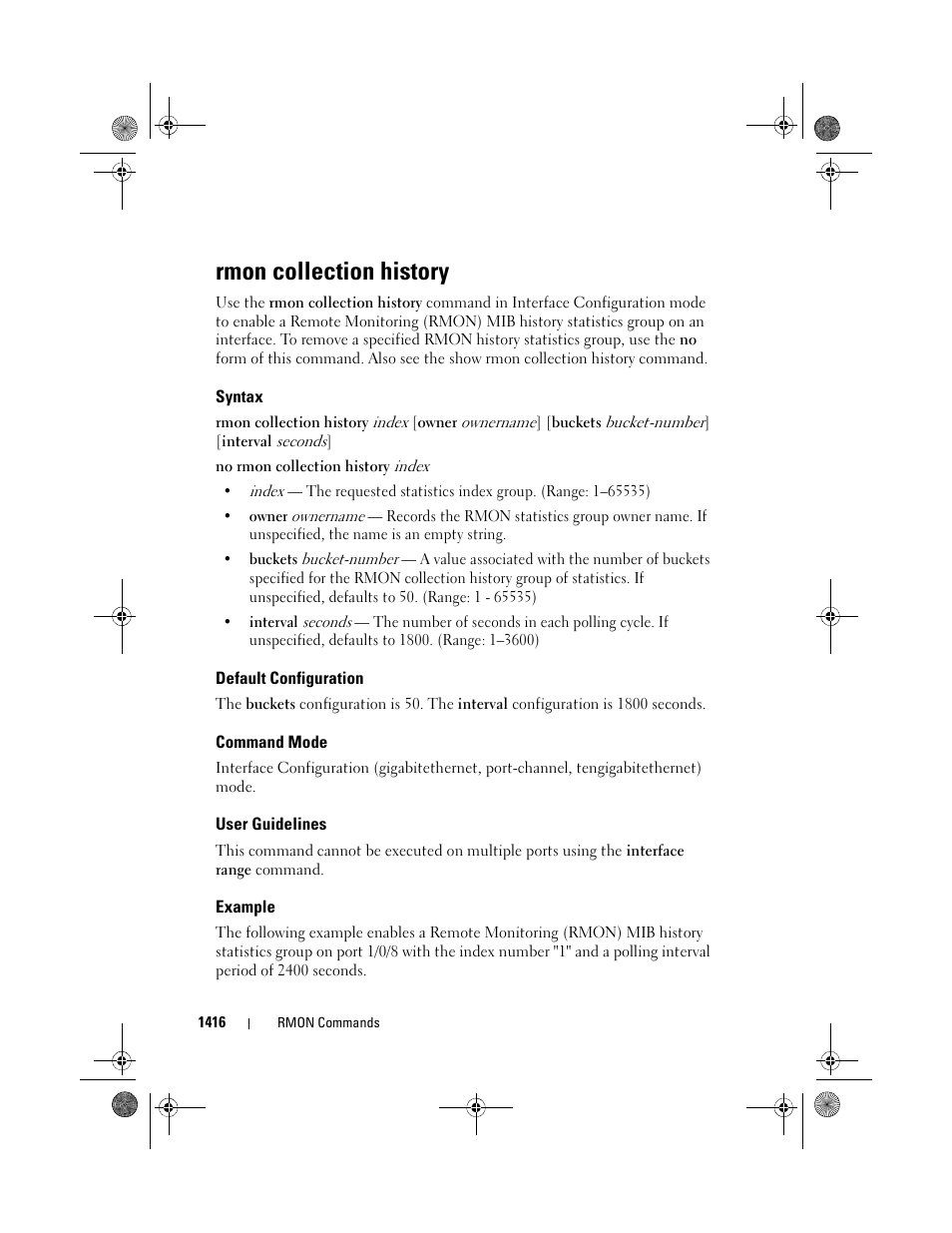 Rmon collection history, Syntax, Default configuration | Command mode, User guidelines, Example | Dell POWEREDGE M1000E User Manual | Page 1420 / 1682