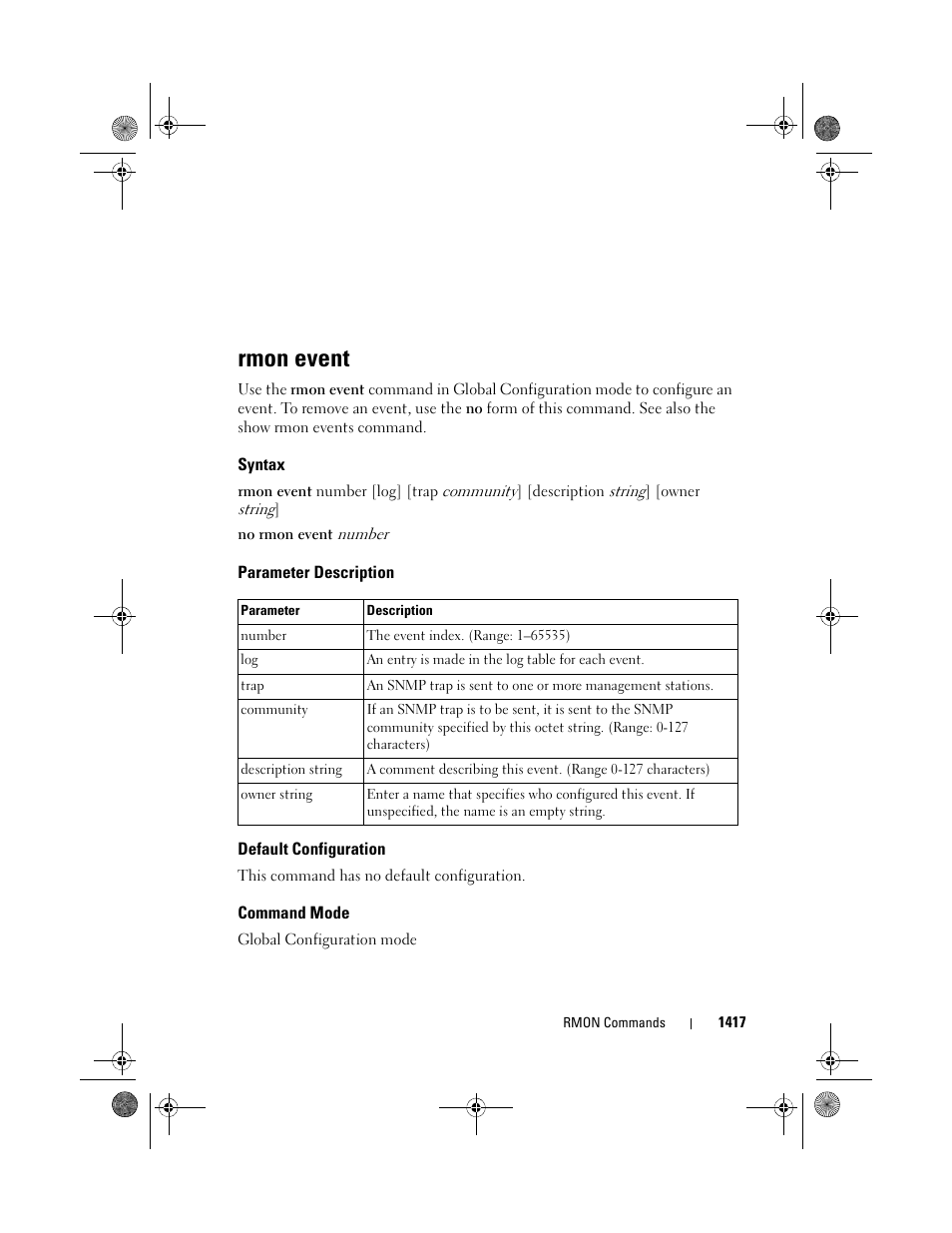 Rmon event, Syntax, Parameter description | Default configuration, Command mode | Dell POWEREDGE M1000E User Manual | Page 1421 / 1682