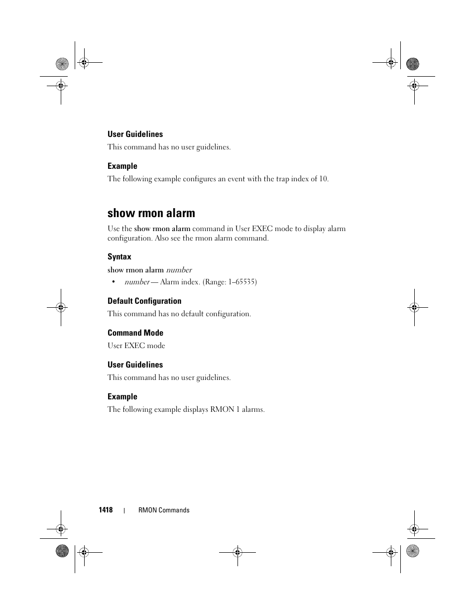 User guidelines, Example, Show rmon alarm | Syntax, Default configuration, Command mode, Show rmon alarm command | Dell POWEREDGE M1000E User Manual | Page 1422 / 1682