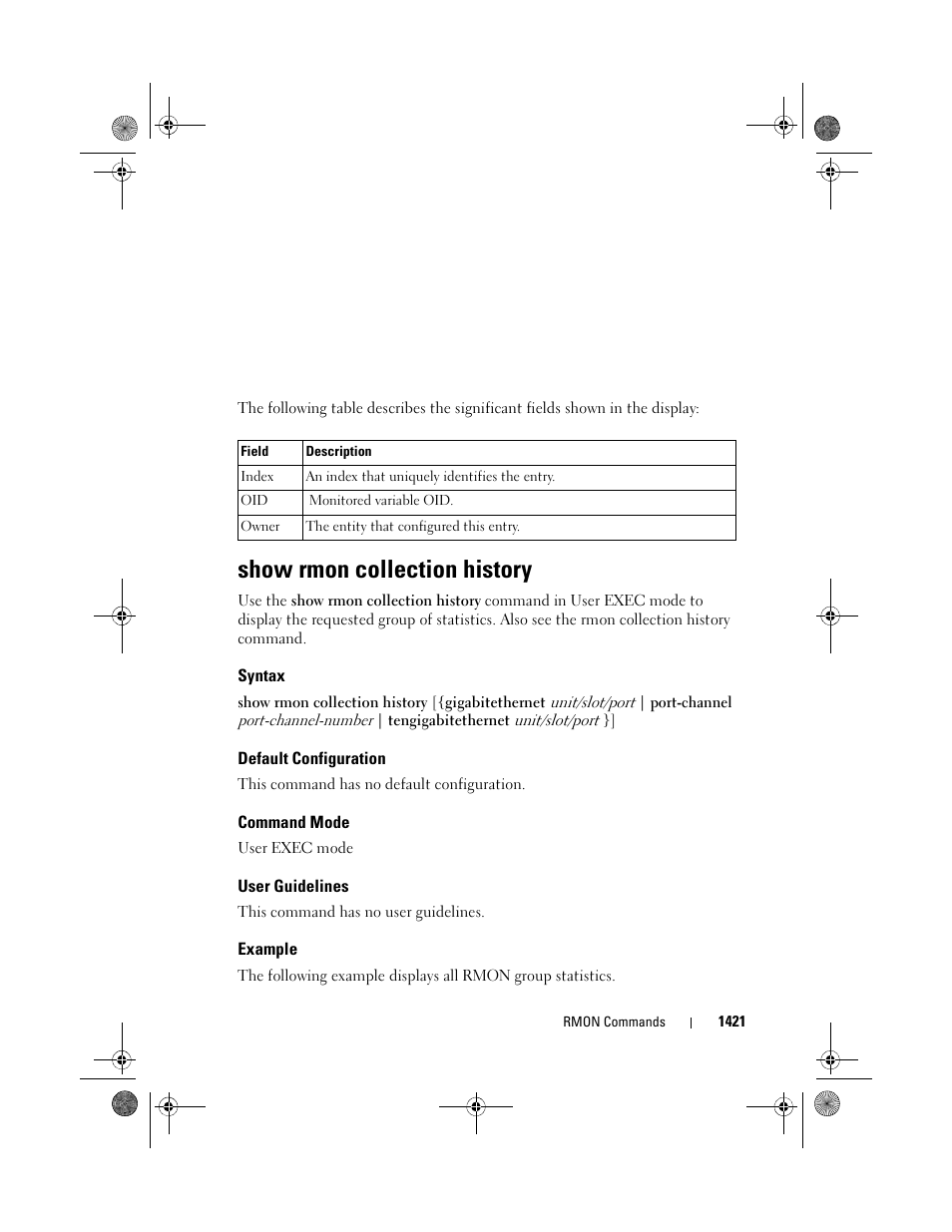 Show rmon collection history, Syntax, Default configuration | Command mode, User guidelines, Example | Dell POWEREDGE M1000E User Manual | Page 1425 / 1682