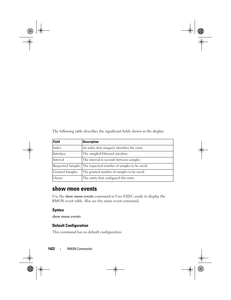 Show rmon events, Syntax, Default configuration | Dell POWEREDGE M1000E User Manual | Page 1426 / 1682