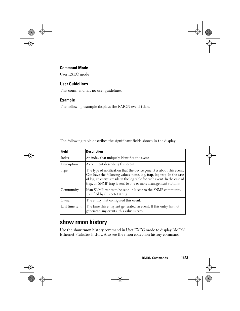 Command mode, User guidelines, Example | Show rmon history | Dell POWEREDGE M1000E User Manual | Page 1427 / 1682