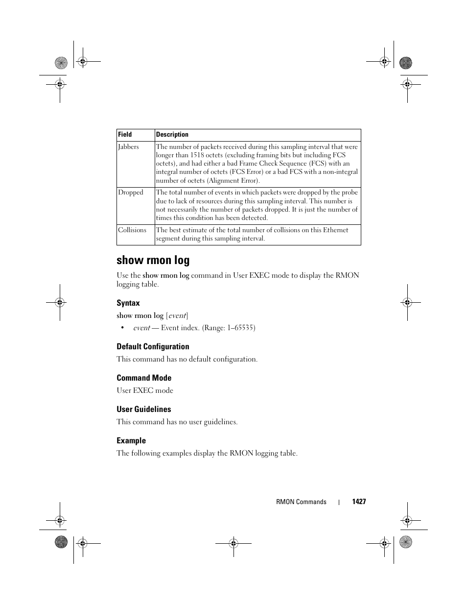 Show rmon log, Syntax, Default configuration | Command mode, User guidelines, Example | Dell POWEREDGE M1000E User Manual | Page 1431 / 1682