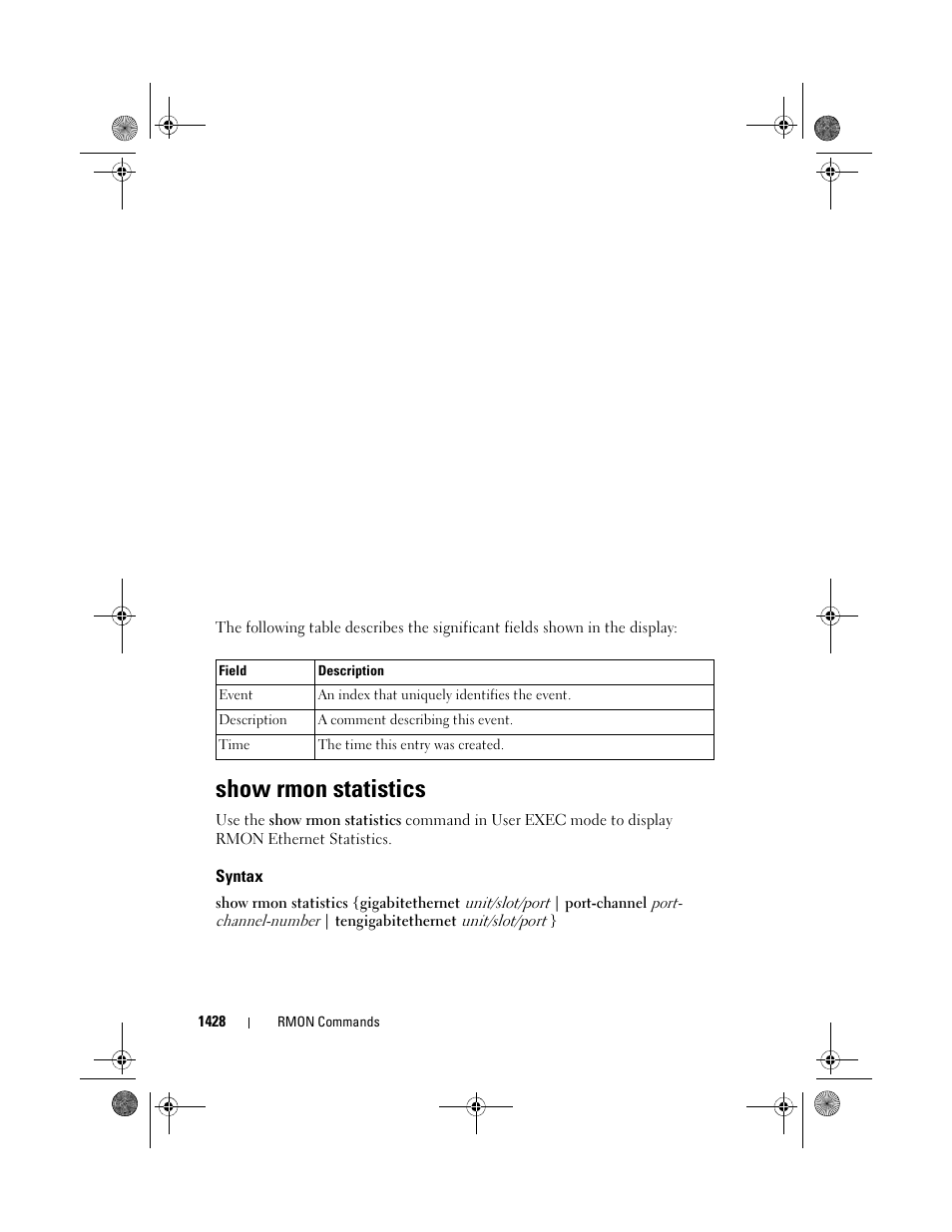 Show rmon statistics, Syntax | Dell POWEREDGE M1000E User Manual | Page 1432 / 1682