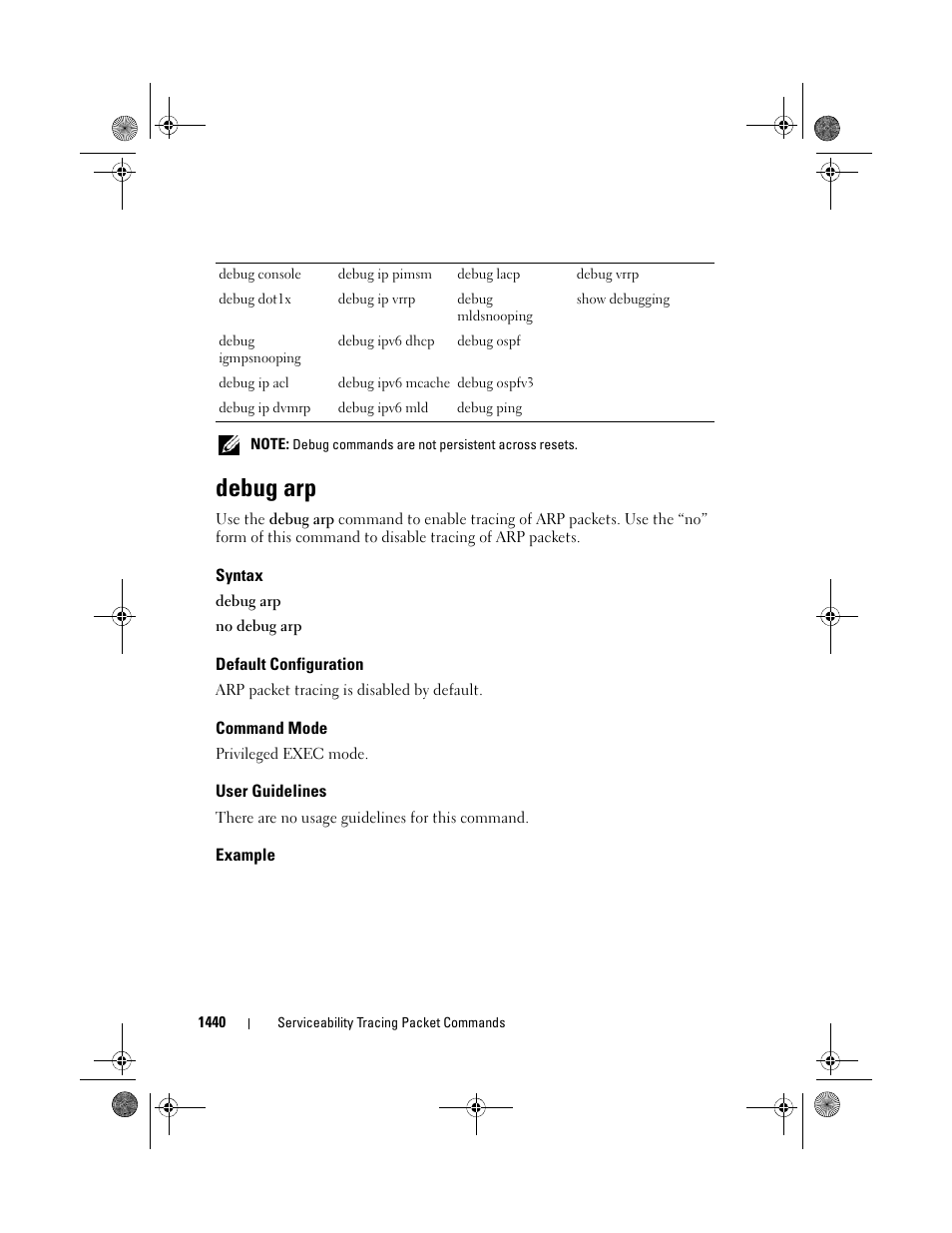 Debug arp, Syntax, Default configuration | Command mode, User guidelines, Example | Dell POWEREDGE M1000E User Manual | Page 1444 / 1682