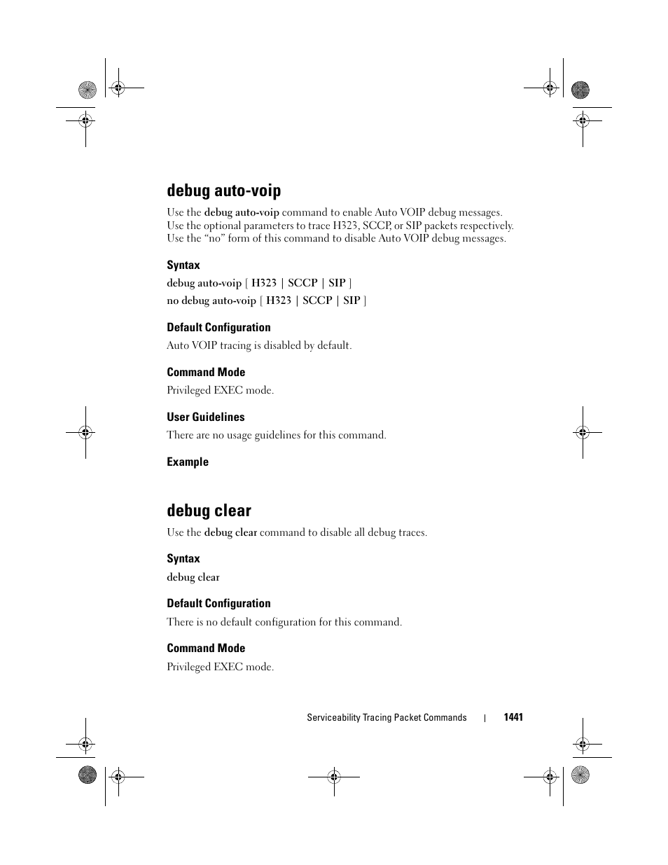 Debug auto-voip, Syntax, Default configuration | Command mode, User guidelines, Example, Debug clear | Dell POWEREDGE M1000E User Manual | Page 1445 / 1682