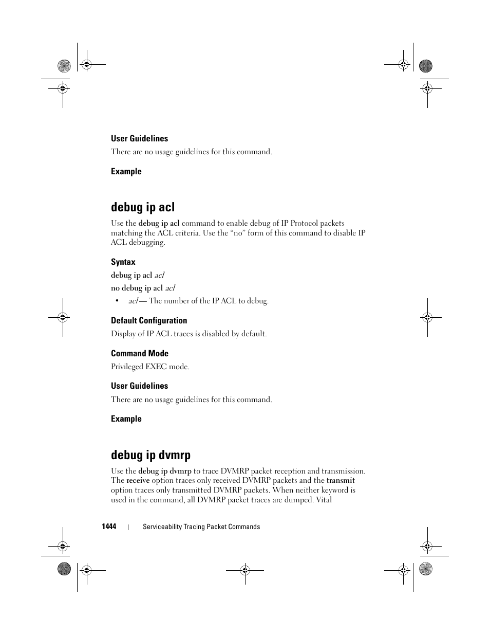 User guidelines, Example, Debug ip acl | Syntax, Default configuration, Command mode, Debug ip dvmrp | Dell POWEREDGE M1000E User Manual | Page 1448 / 1682