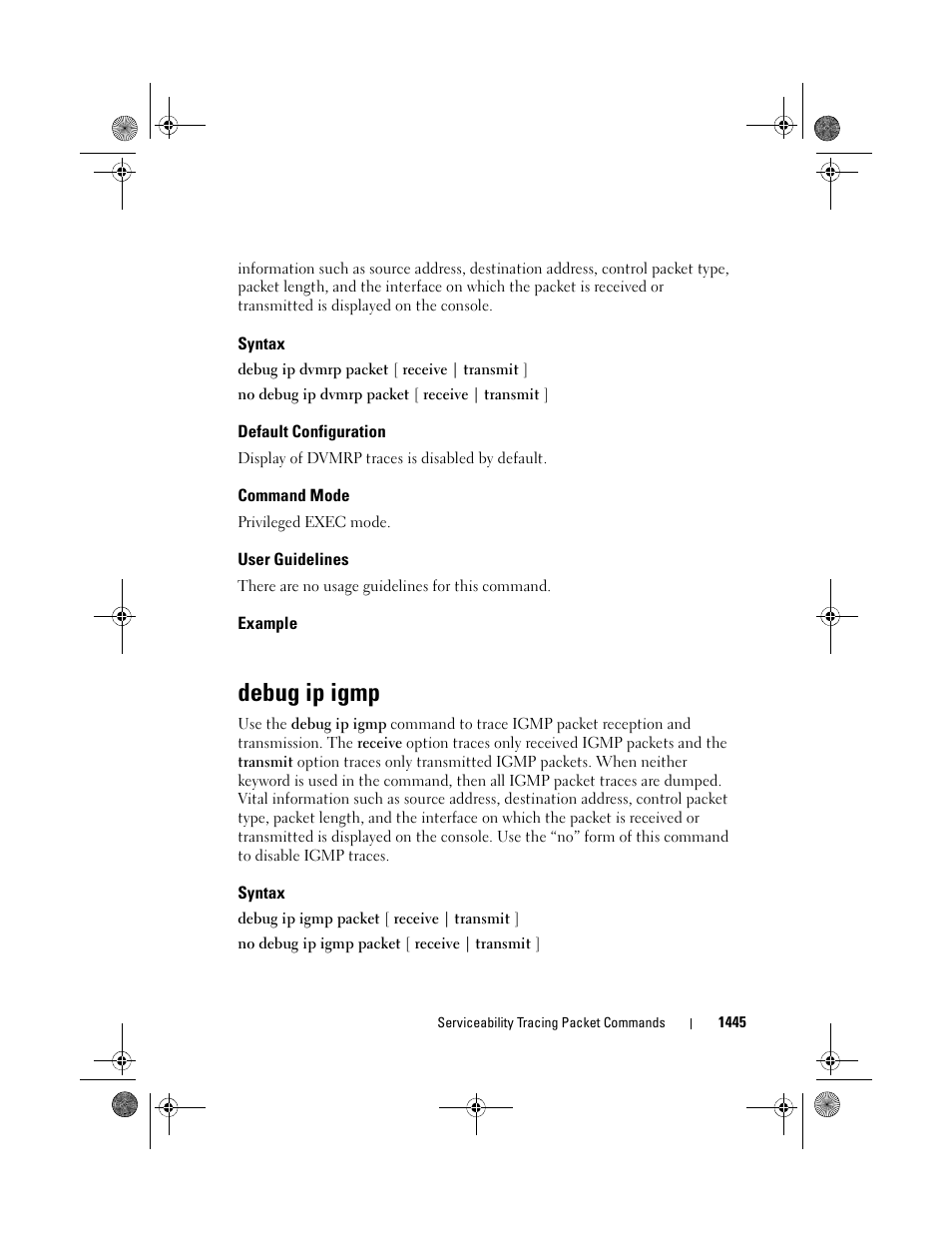 Syntax, Default configuration, Command mode | User guidelines, Example, Debug ip igmp | Dell POWEREDGE M1000E User Manual | Page 1449 / 1682