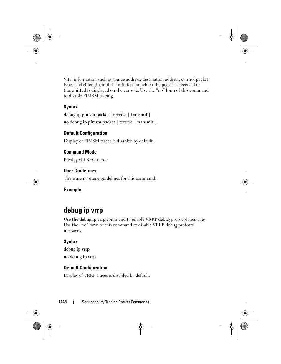 Syntax, Default configuration, Command mode | User guidelines, Example, Debug ip vrrp | Dell POWEREDGE M1000E User Manual | Page 1452 / 1682