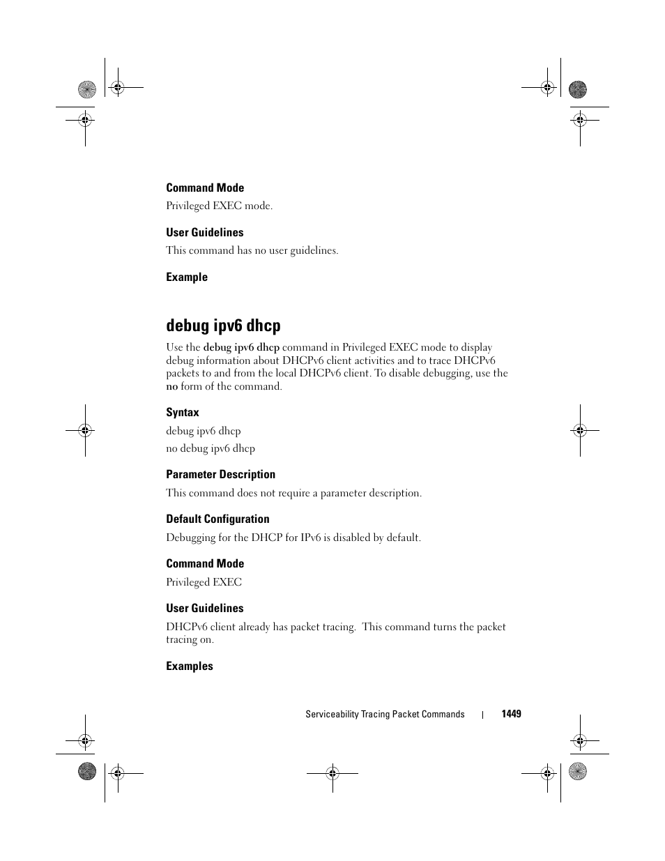 Command mode, User guidelines, Example | Debug ipv6 dhcp, Syntax, Parameter description, Default configuration, Examples | Dell POWEREDGE M1000E User Manual | Page 1453 / 1682