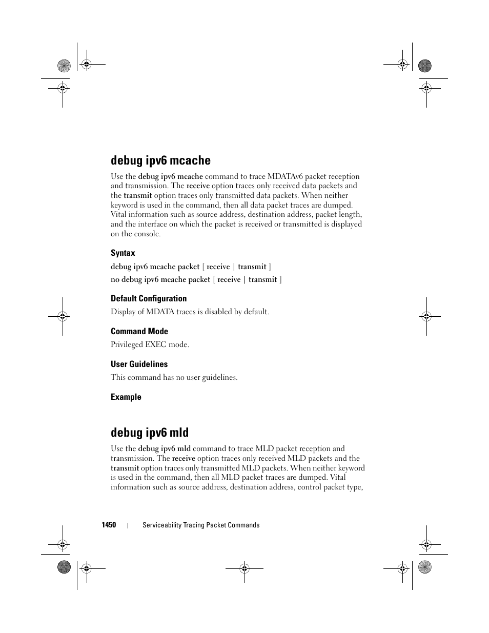 Debug ipv6 mcache, Syntax, Default configuration | Command mode, User guidelines, Example, Debug ipv6 mld | Dell POWEREDGE M1000E User Manual | Page 1454 / 1682