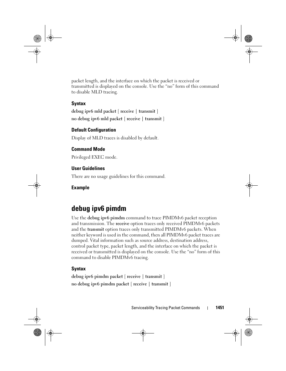 Syntax, Default configuration, Command mode | User guidelines, Example, Debug ipv6 pimdm | Dell POWEREDGE M1000E User Manual | Page 1455 / 1682