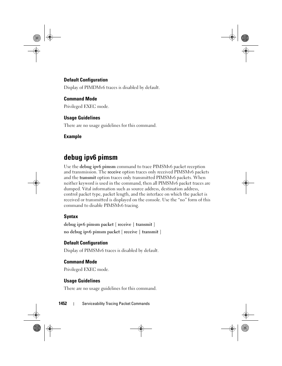 Default configuration, Command mode, Usage guidelines | Example, Debug ipv6 pimsm, Syntax | Dell POWEREDGE M1000E User Manual | Page 1456 / 1682