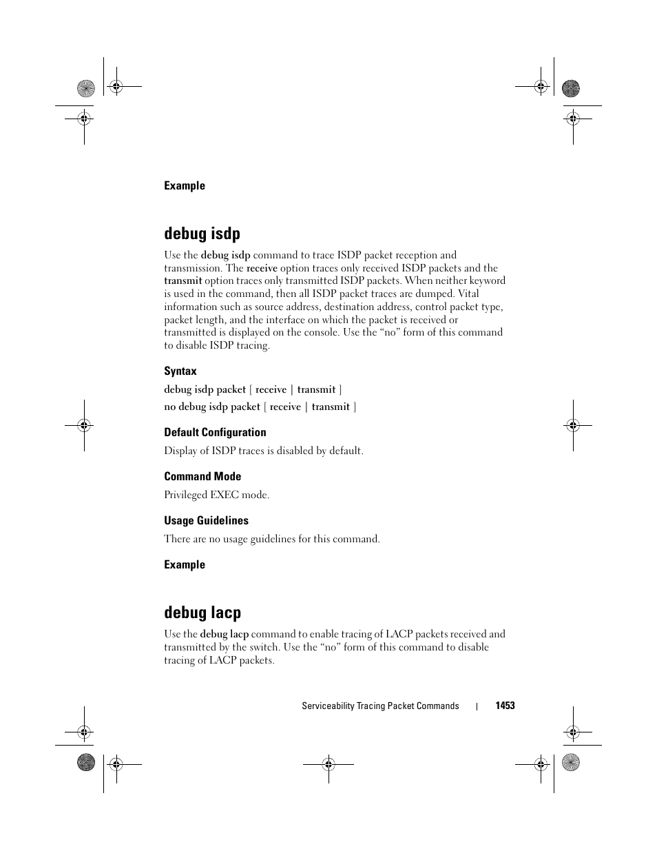 Example, Debug isdp, Syntax | Default configuration, Command mode, Usage guidelines, Debug lacp | Dell POWEREDGE M1000E User Manual | Page 1457 / 1682