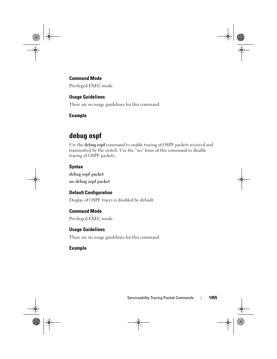 Command mode, Usage guidelines, Example | Debug ospf, Syntax, Default configuration | Dell POWEREDGE M1000E User Manual | Page 1459 / 1682