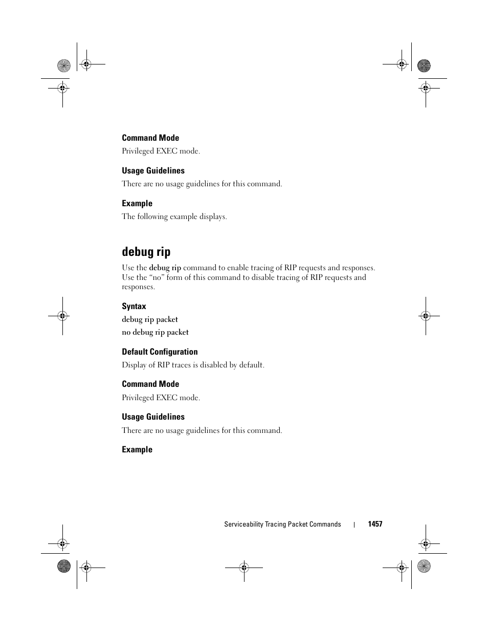 Command mode, Usage guidelines, Example | Debug rip, Syntax, Default configuration | Dell POWEREDGE M1000E User Manual | Page 1461 / 1682