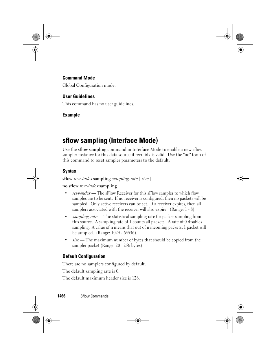 Command mode, User guidelines, Example | Sflow sampling (interface mode), Syntax, Default configuration | Dell POWEREDGE M1000E User Manual | Page 1470 / 1682