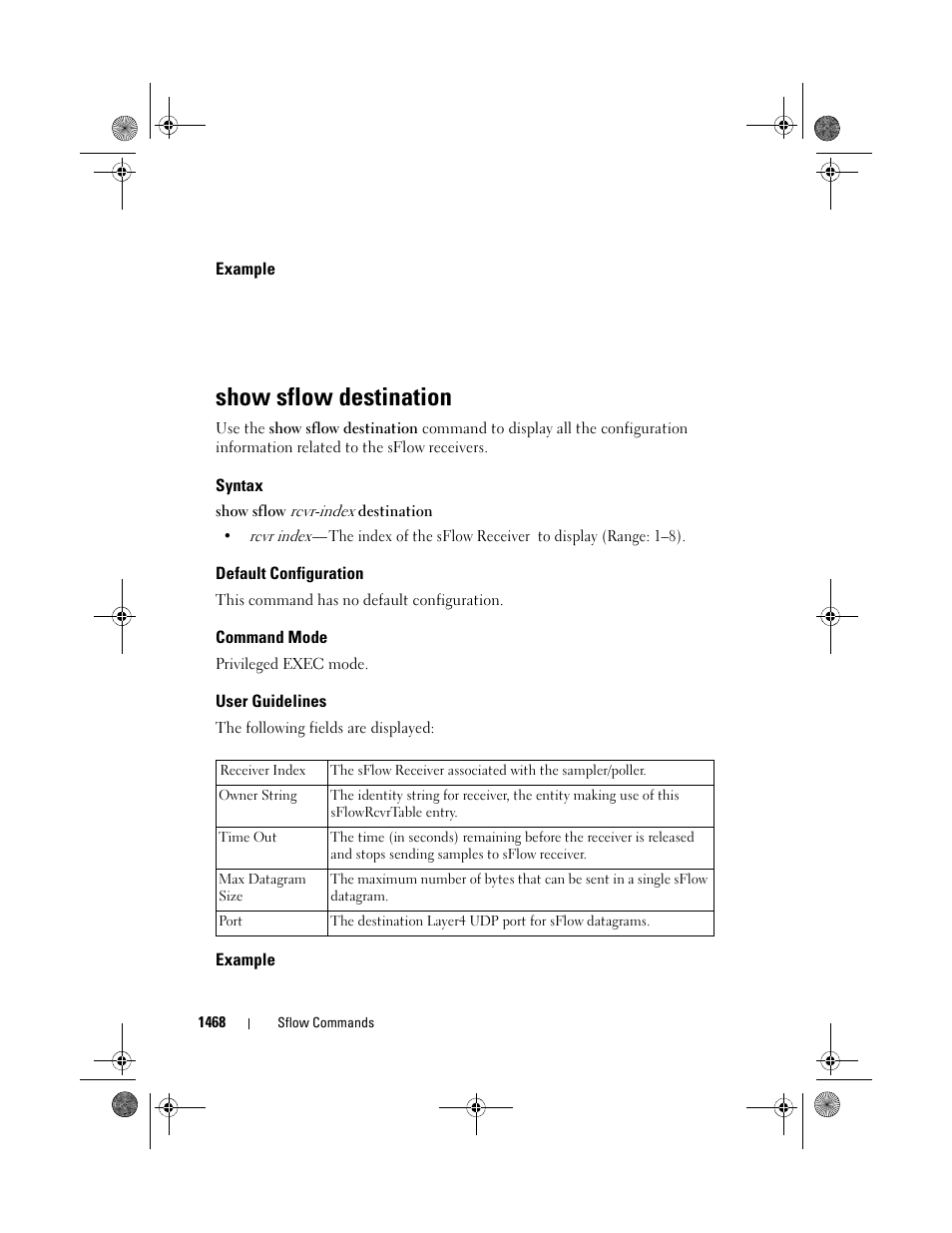 Example, Show sflow destination, Syntax | Default configuration, Command mode, User guidelines | Dell POWEREDGE M1000E User Manual | Page 1472 / 1682