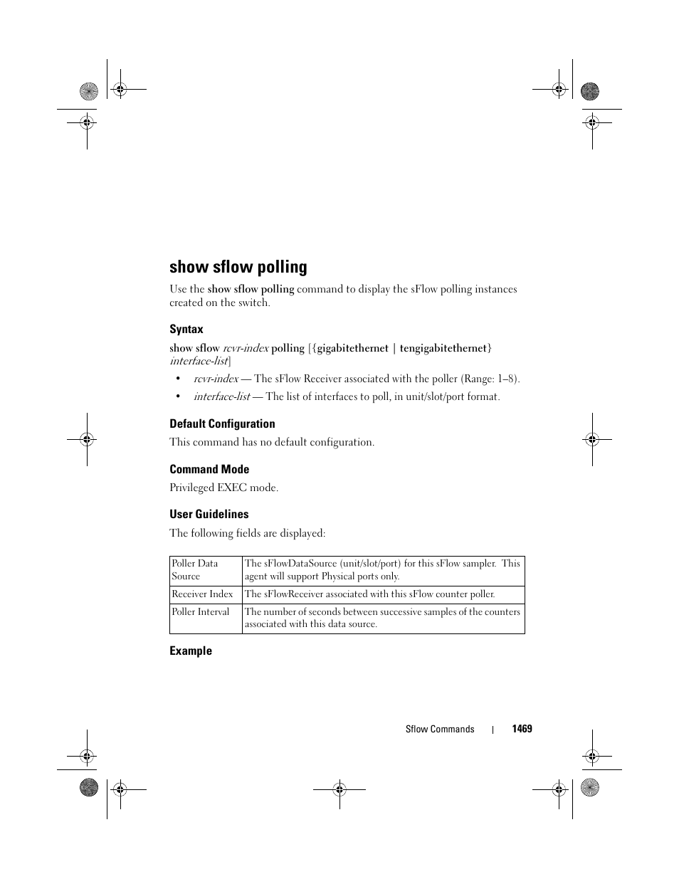 Show sflow polling, Syntax, Default configuration | Command mode, User guidelines, Example | Dell POWEREDGE M1000E User Manual | Page 1473 / 1682