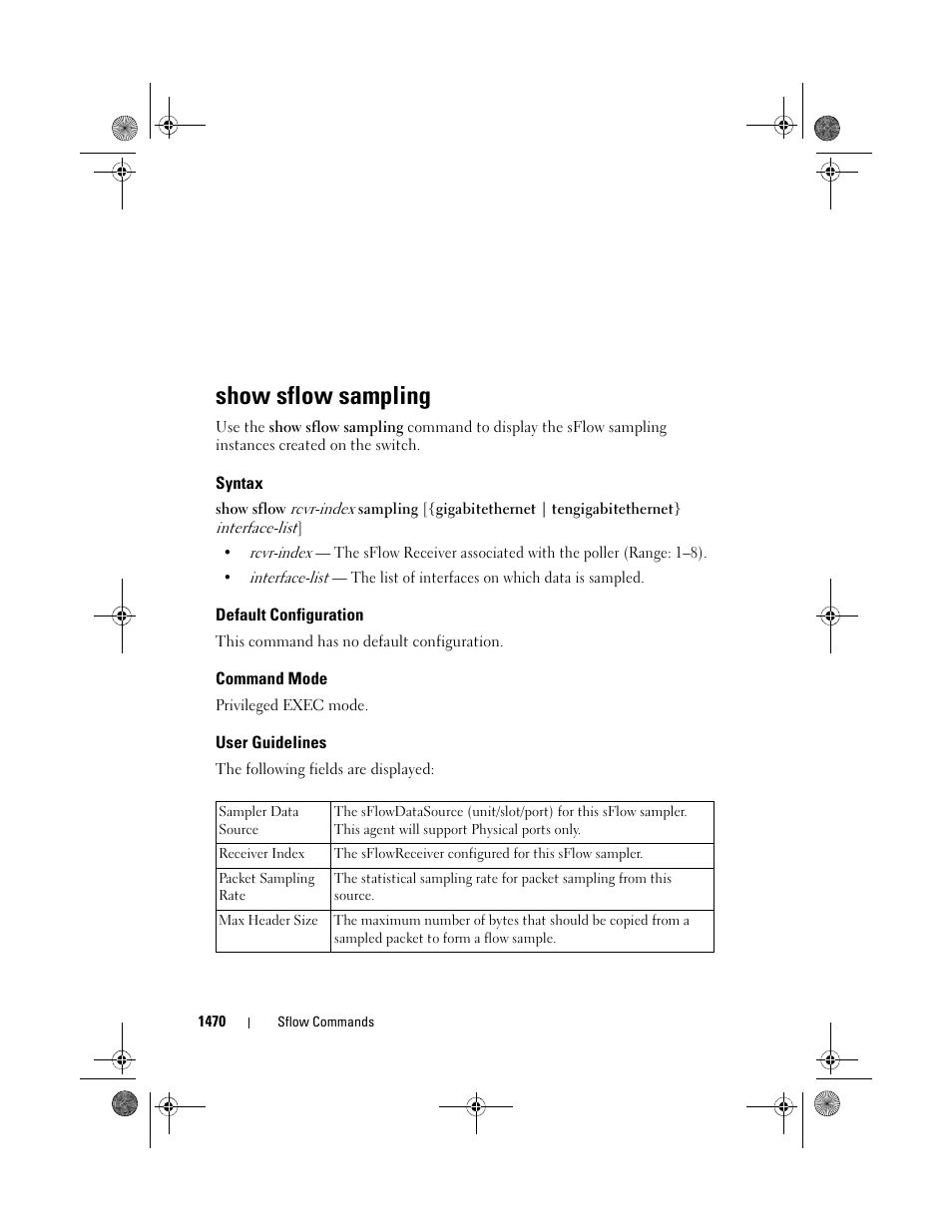 Show sflow sampling, Syntax, Default configuration | Command mode, User guidelines | Dell POWEREDGE M1000E User Manual | Page 1474 / 1682