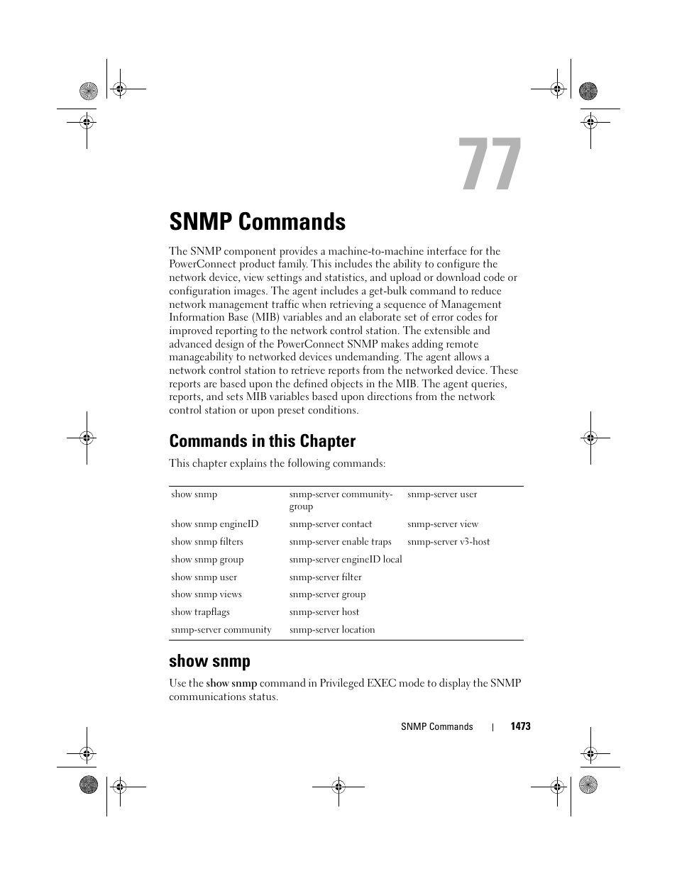 Snmp commands, Commands in this chapter, Show snmp | Dell POWEREDGE M1000E User Manual | Page 1477 / 1682