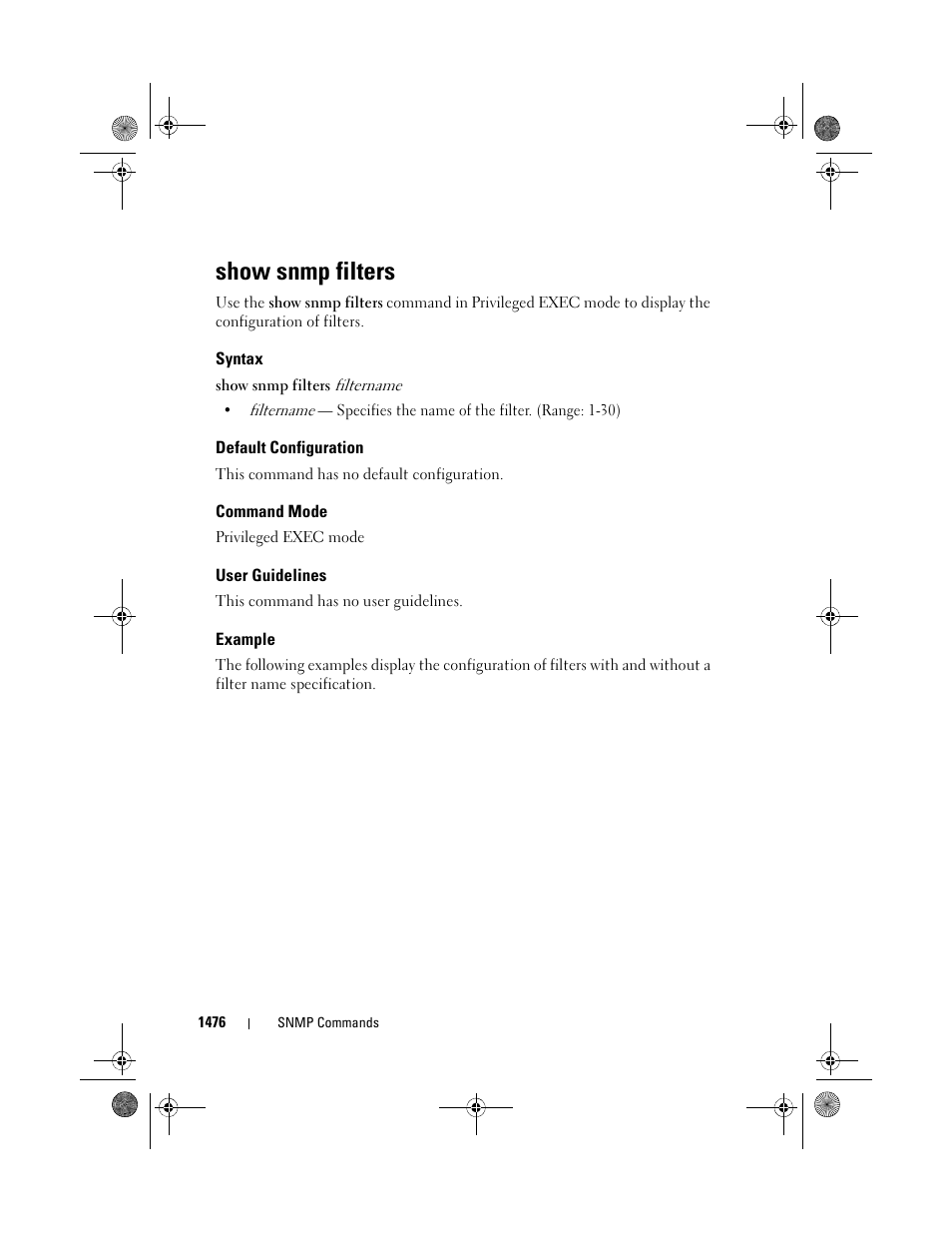 Show snmp filters, Syntax, Default configuration | Command mode, User guidelines, Example | Dell POWEREDGE M1000E User Manual | Page 1480 / 1682