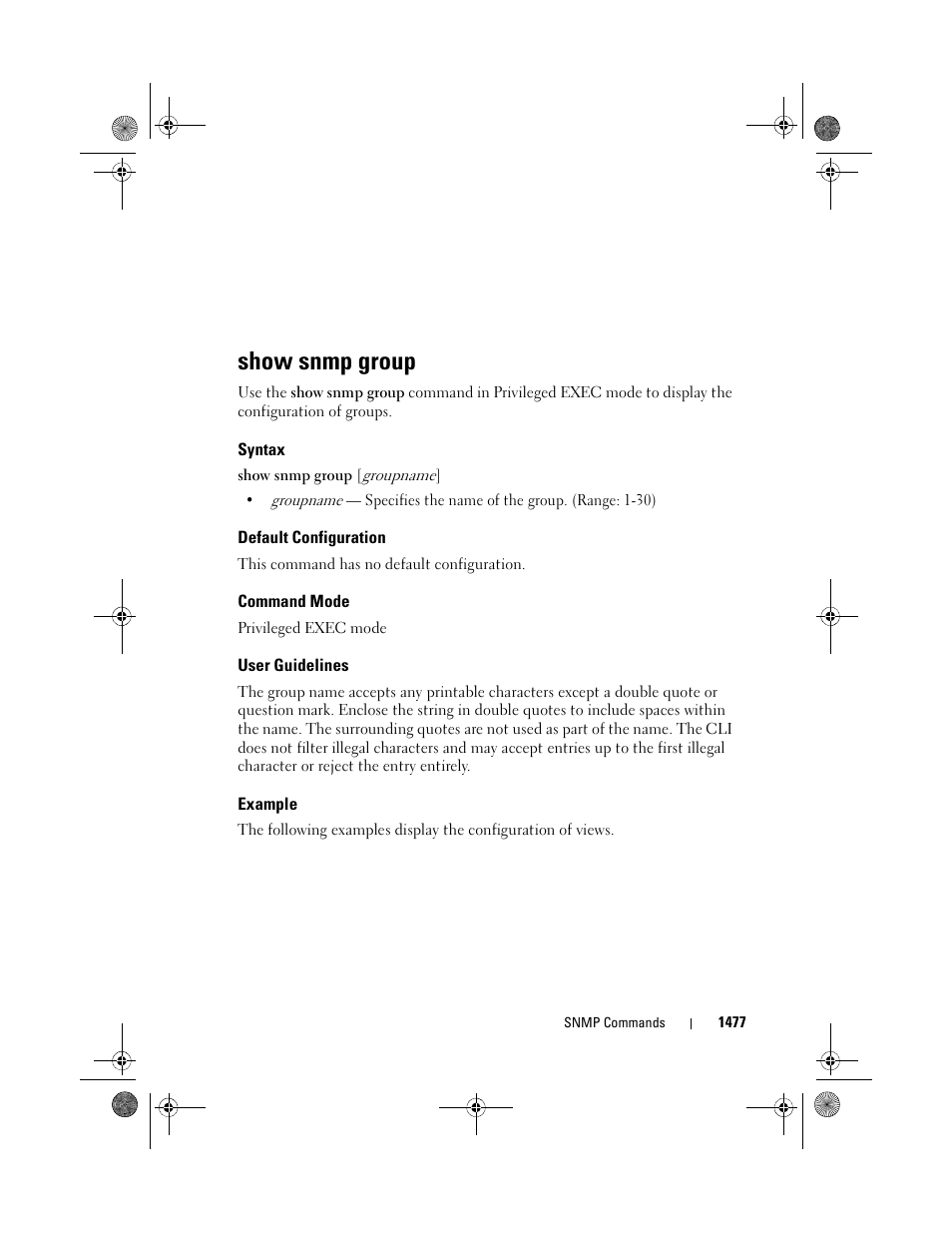 Show snmp group, Syntax, Default configuration | Command mode, User guidelines, Example | Dell POWEREDGE M1000E User Manual | Page 1481 / 1682