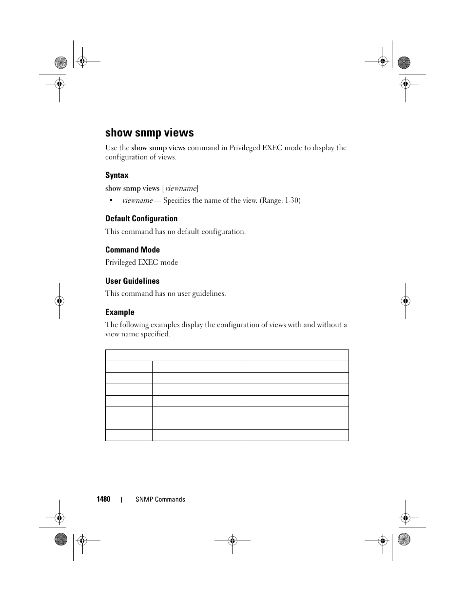 Show snmp views, Syntax, Default configuration | Command mode, User guidelines, Example | Dell POWEREDGE M1000E User Manual | Page 1484 / 1682