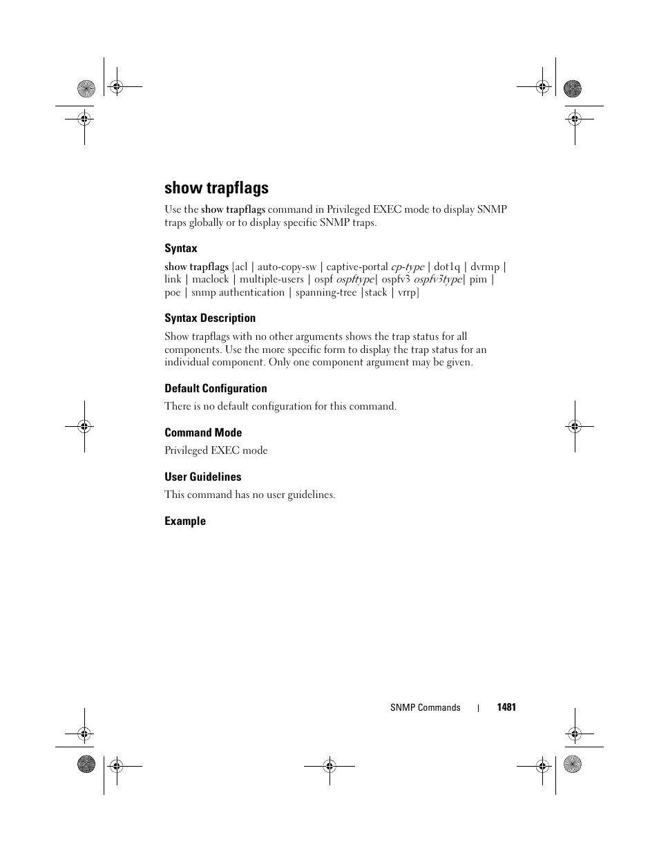 Show trapflags, Syntax, Syntax description | Default configuration, Command mode, User guidelines, Example | Dell POWEREDGE M1000E User Manual | Page 1485 / 1682